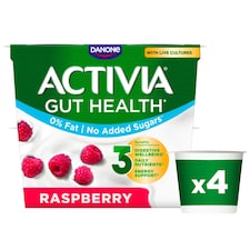 Activia Raspberry No Added Sugar No Fat Gut Health Yoghurt 4x115g