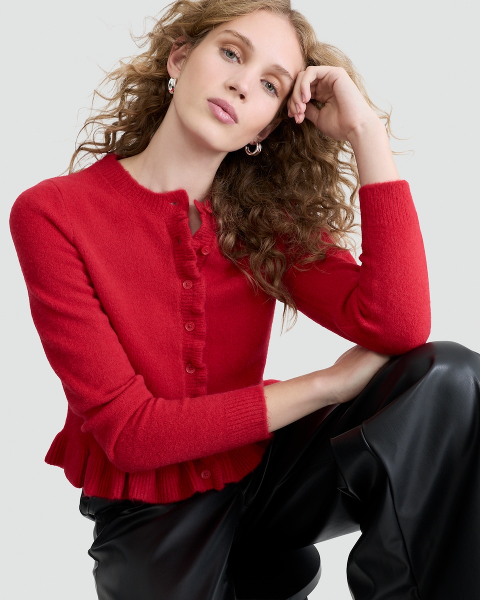 image 1 of F&F Frilly Button Front Cardigan  in Red