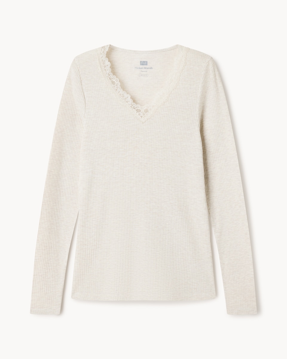 image 1 of F&F WARMPLUS™ Medium Warmth Thermal V Neck Long Sleeved Top in Stone
