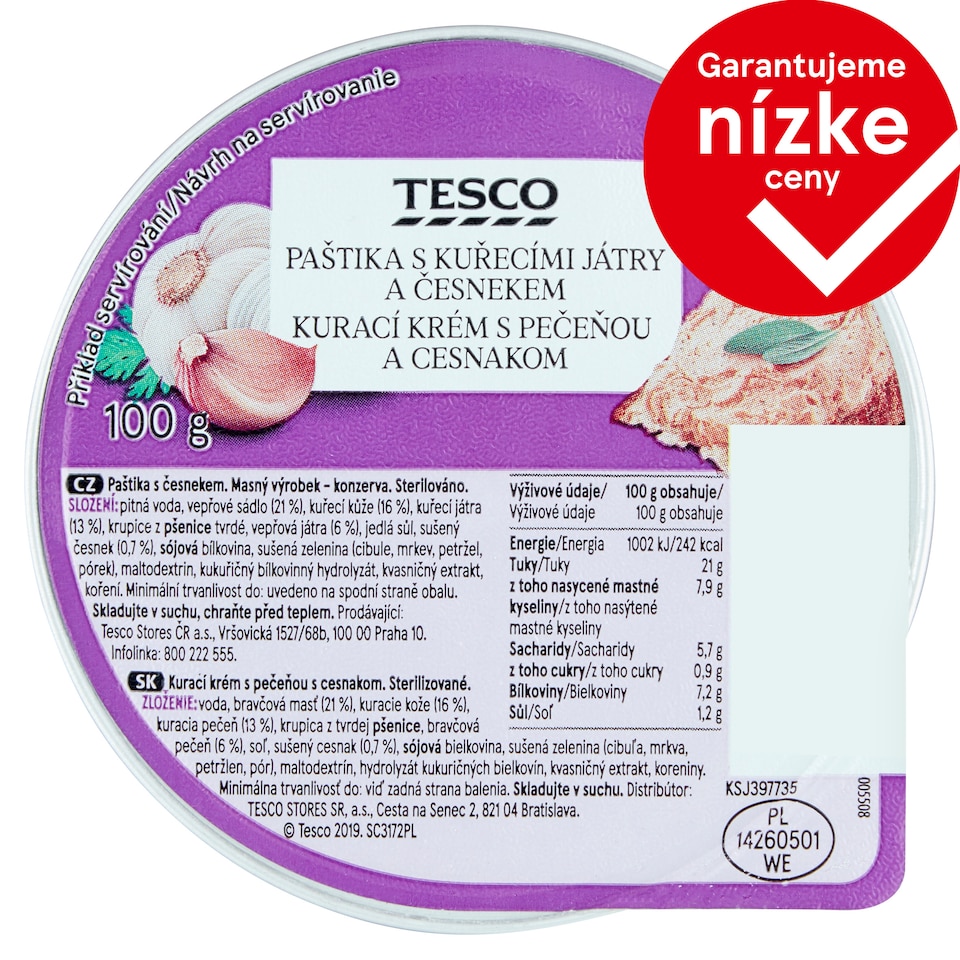 Tesco Kurací krém s pečeňou a cesnakom 100 g