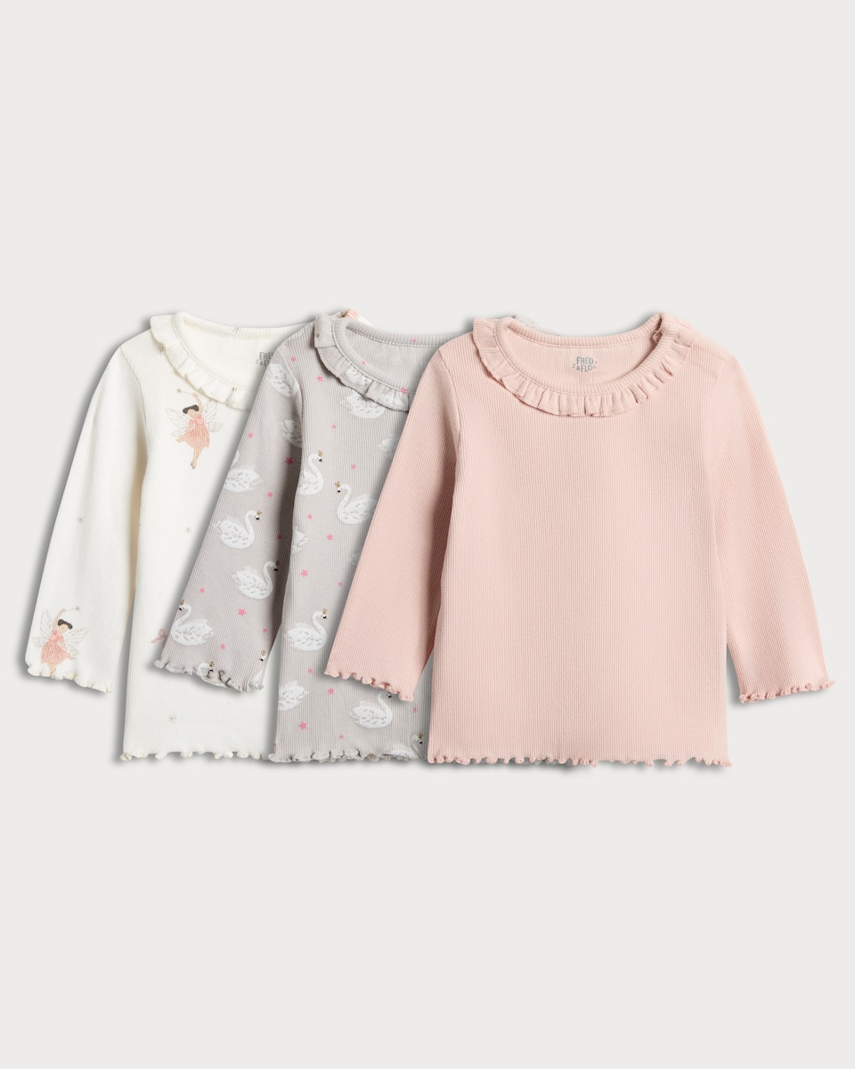 image 1 of F&F Baby 3-Pack Cotton Rich Fairy and Swan Tops in Pink