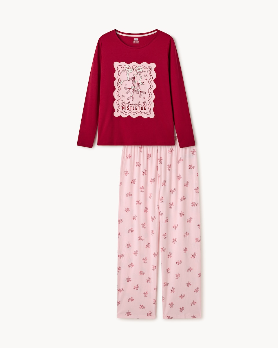 image 1 of Christmas Pure Cotton Mistletoe Top and Bottoms Pyjama Set in Multi Pink