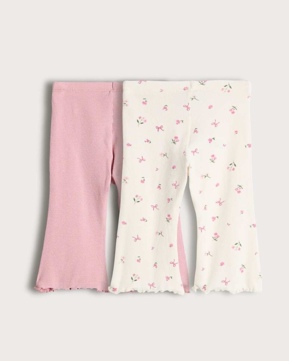 image 1 of F&F Baby 2-Pack Cotton Rich Ribbed Floral Flared Leggings in Cream
