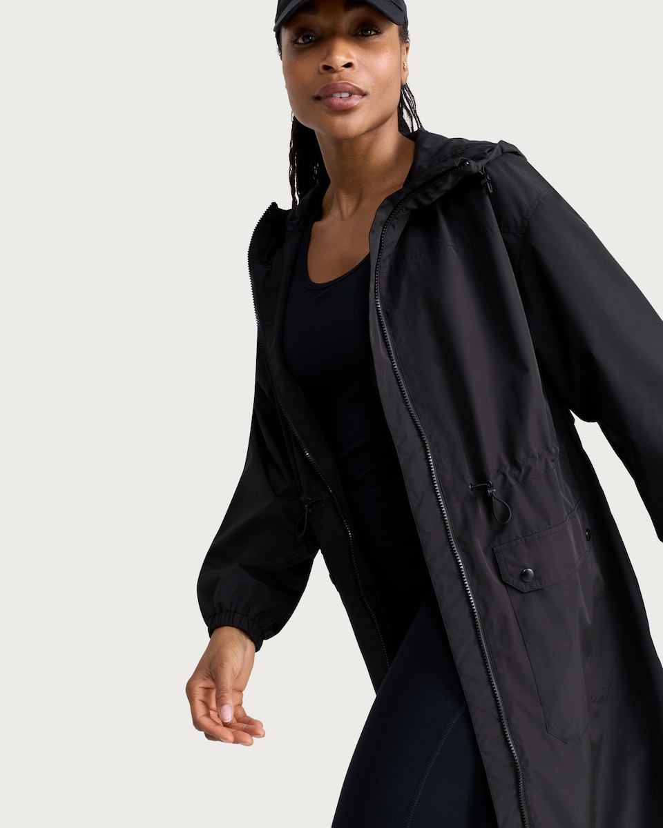 image 1 of F&F Hooded Longline Shower Resistant Raincoat in Black