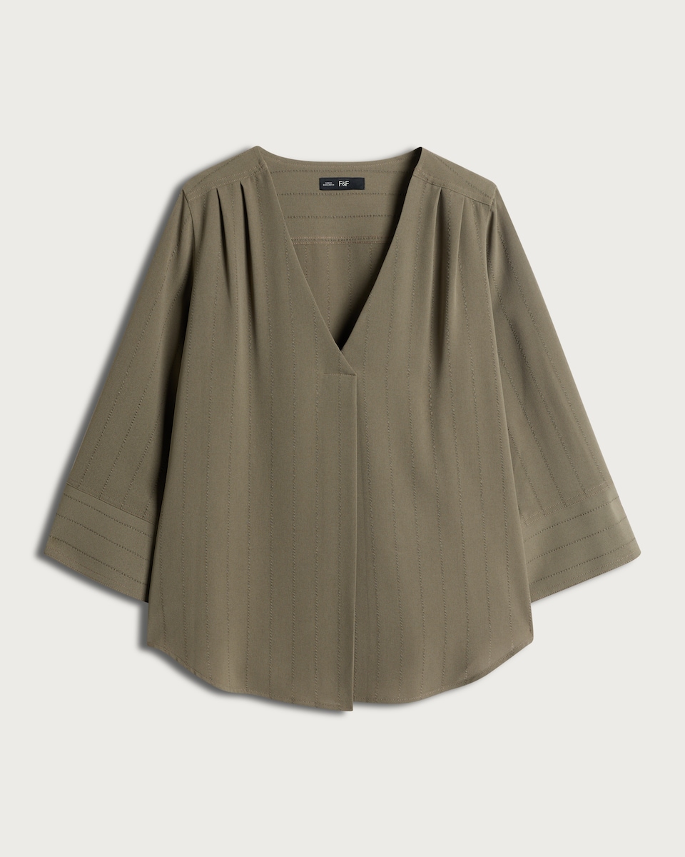image 1 of F&F V Neck Button Cuff Blouse in Khaki