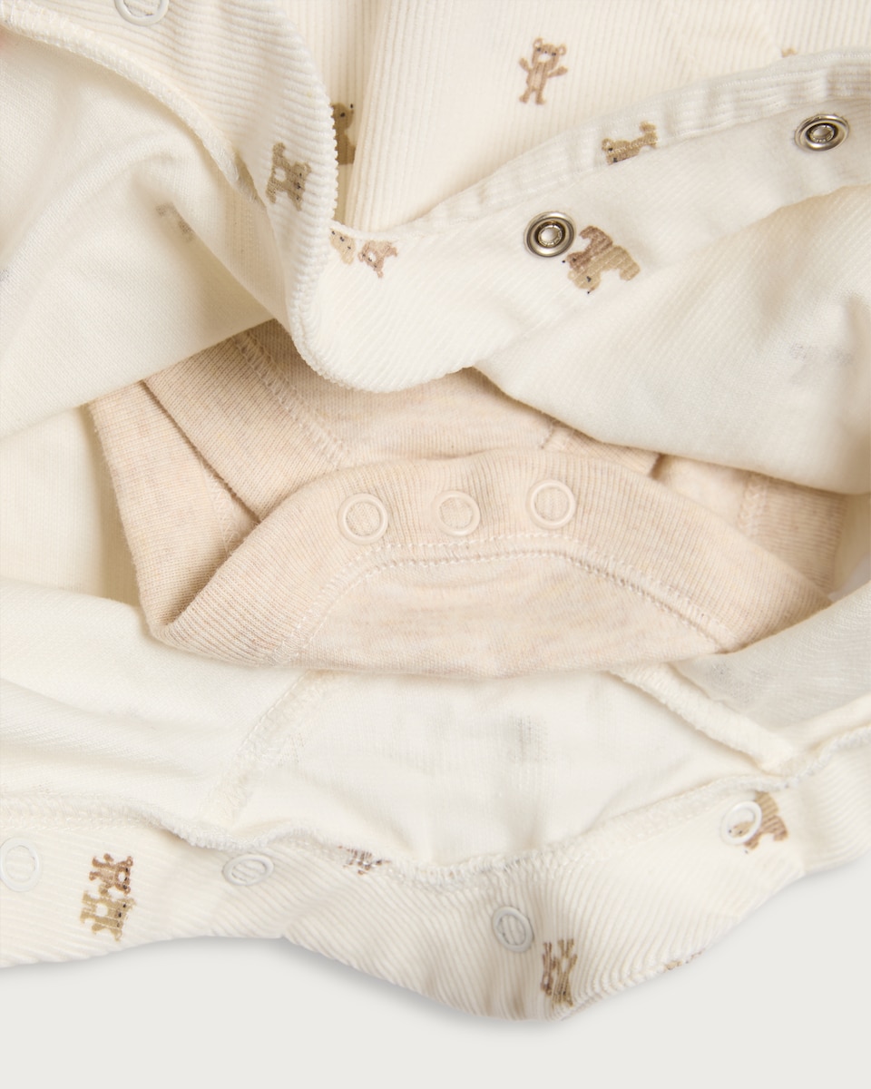 image 1 of F&F Baby 2-Piece Cotton Rich Corduroy Teddy Bear Dungaree and Bodysuit Set in White