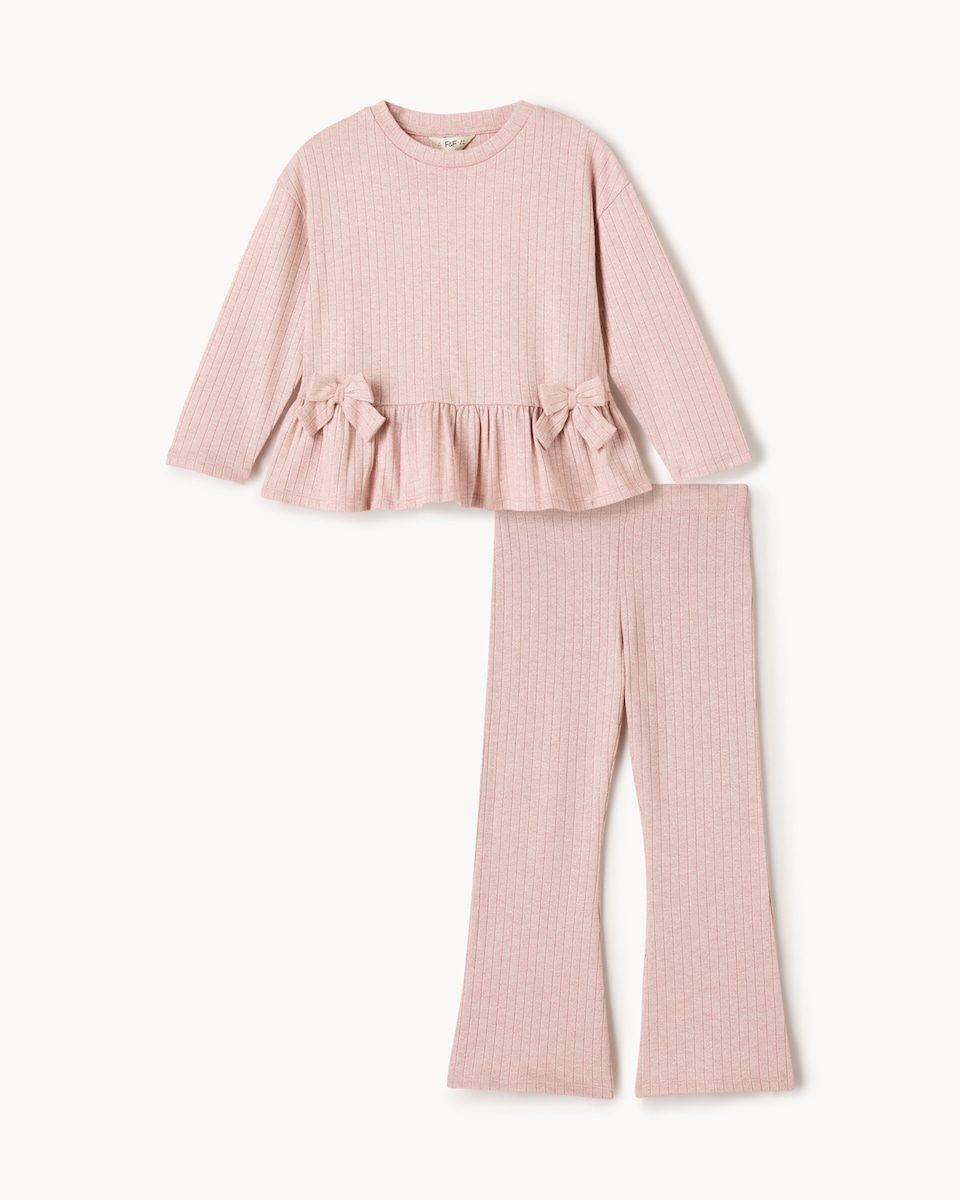 image 1 of F&F Girls Sparkly Ribbed Peplum Top and Flared Leggings Set in Pink