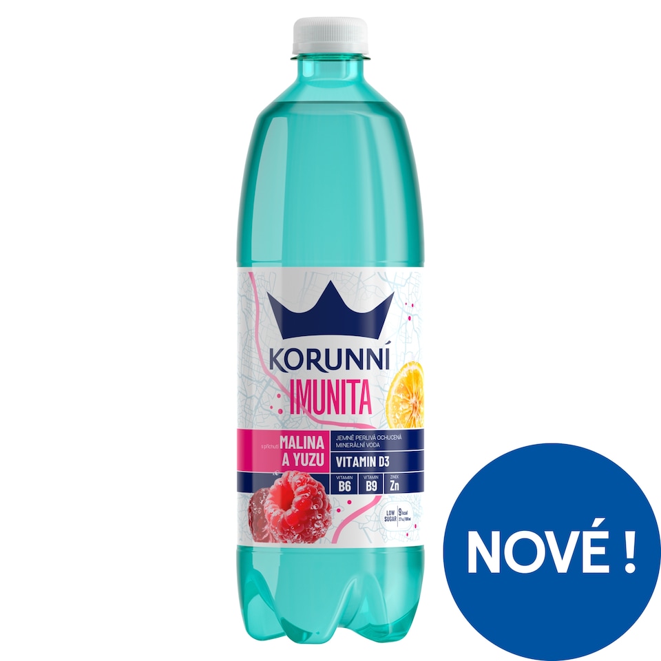 Korunní Imunita s příchutí malina a yuzu jemně perlivá ochucená minerální voda 0,75l
