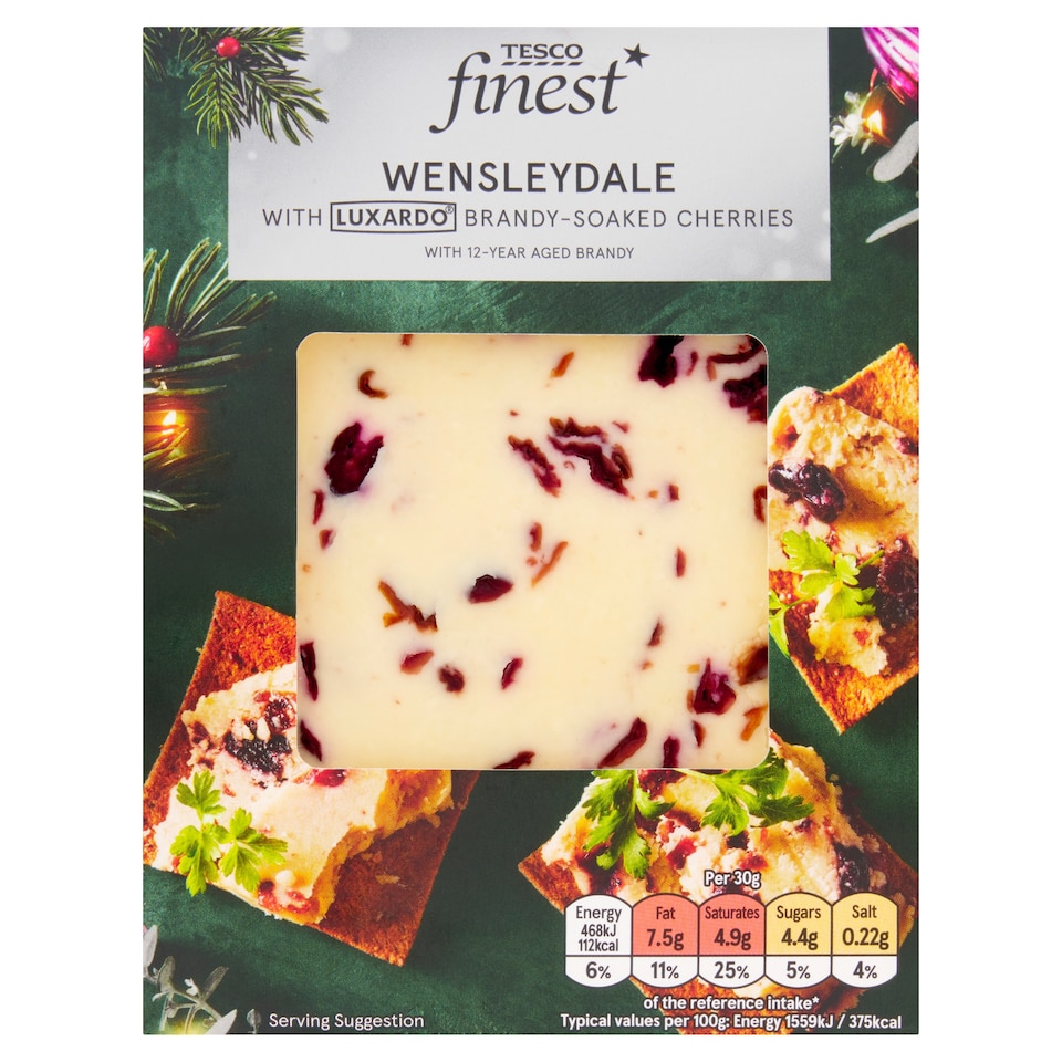 TESCO FINEST WENSLEYDALE WITH BRANDY SOAKED CHERRIES 180G