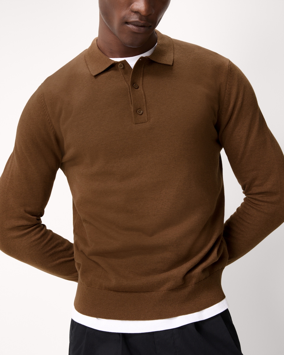 image 1 of F&F Pure Cotton Knitted Polo Jumper in Brown