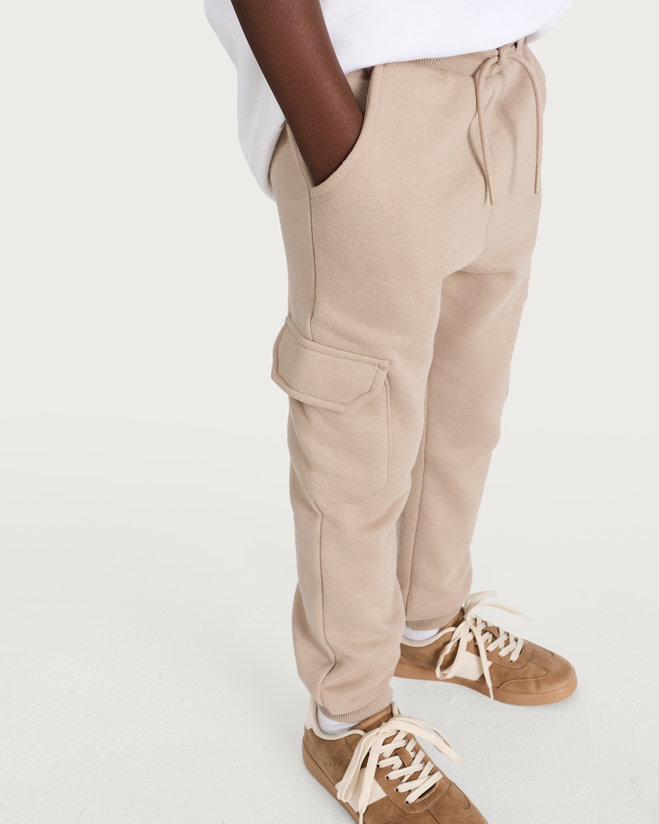 image 1 of F&F Boys Cotton Rich Cuffed Drawstring Cargo Joggers in Stone