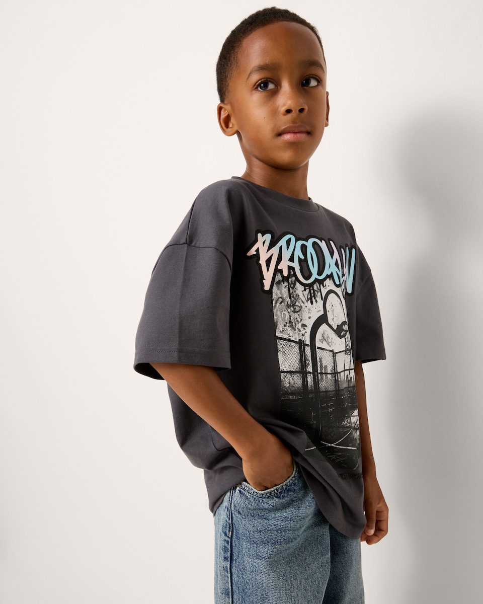 image 1 of F&F Boys Pure Cotton Brooklyn T-Shirt in Grey