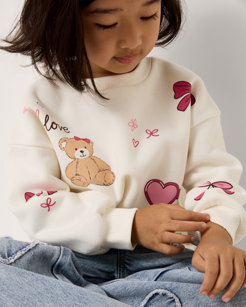 image 1 of F&F Girls Cotton Rich Heart Print Sweatshirt in Cream