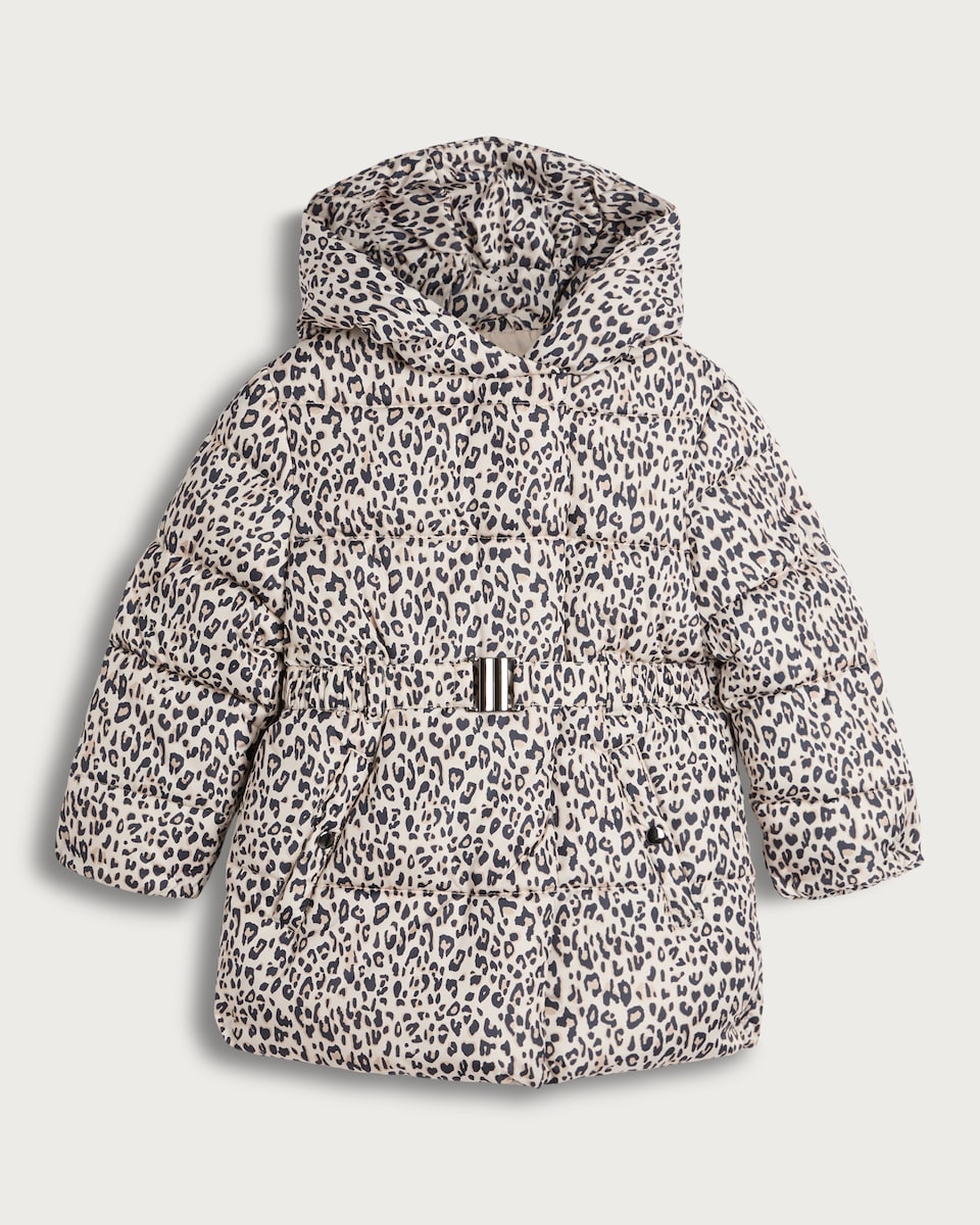 F&F Girls Leopard Print Belted Hooded Puffer Coat in Multi Brown