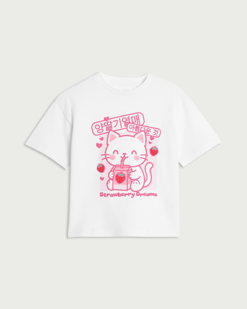 image 1 of F&F Girls Pure Cotton Strawberry T-Shirt in White