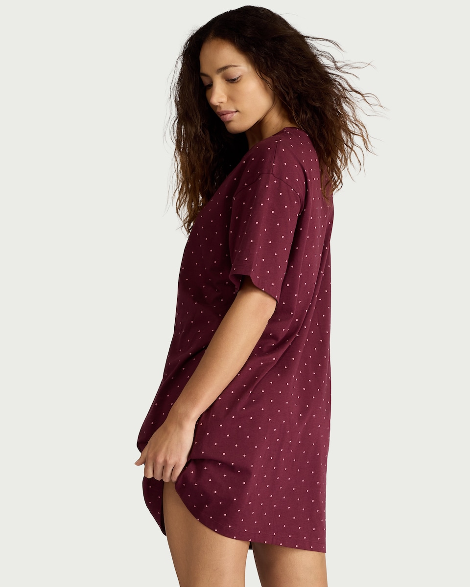 image 1 of F&F Pure Cotton Polka Dot Nightdress in Burgundy