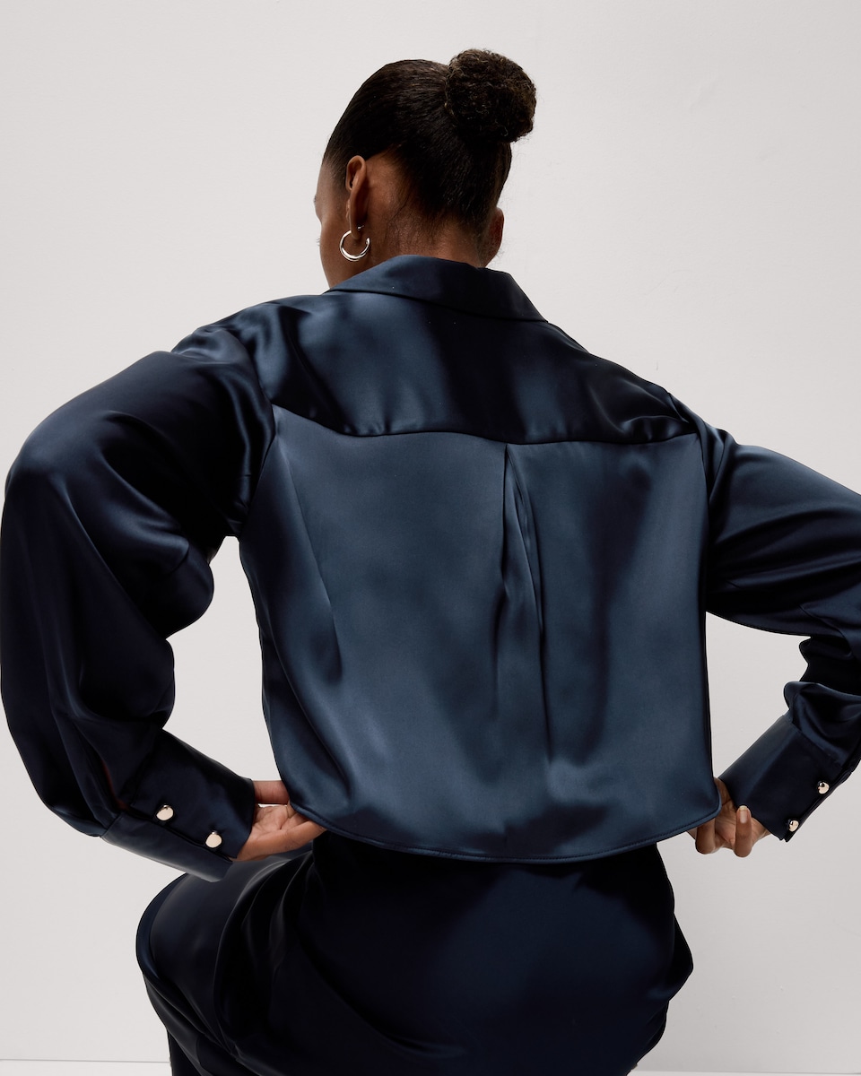 image 1 of F&F Satin Cropped Shirt in Navy