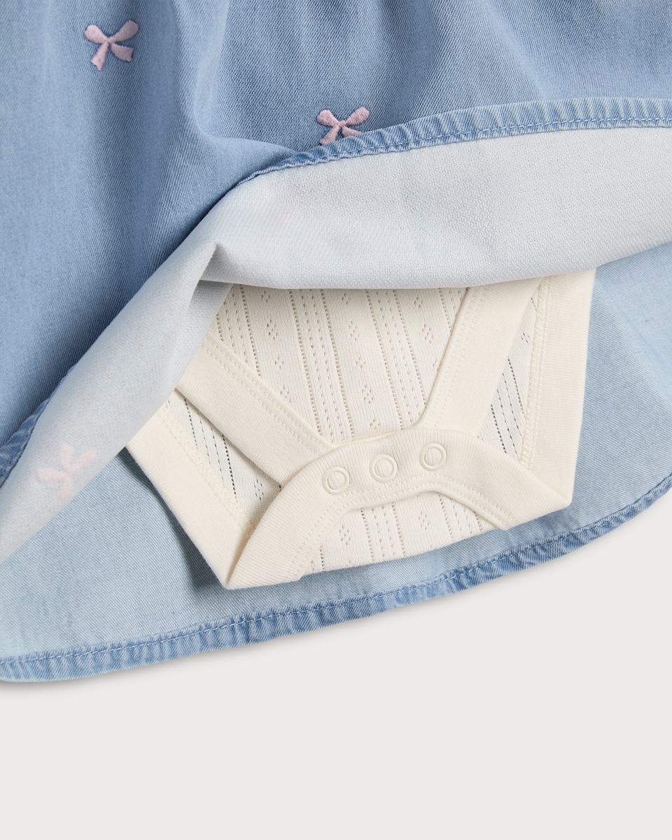 image 1 of F&F Baby 3-Piece Cotton Rich Embroidered Pinafore, Bodysuit and Tight Set in Blue