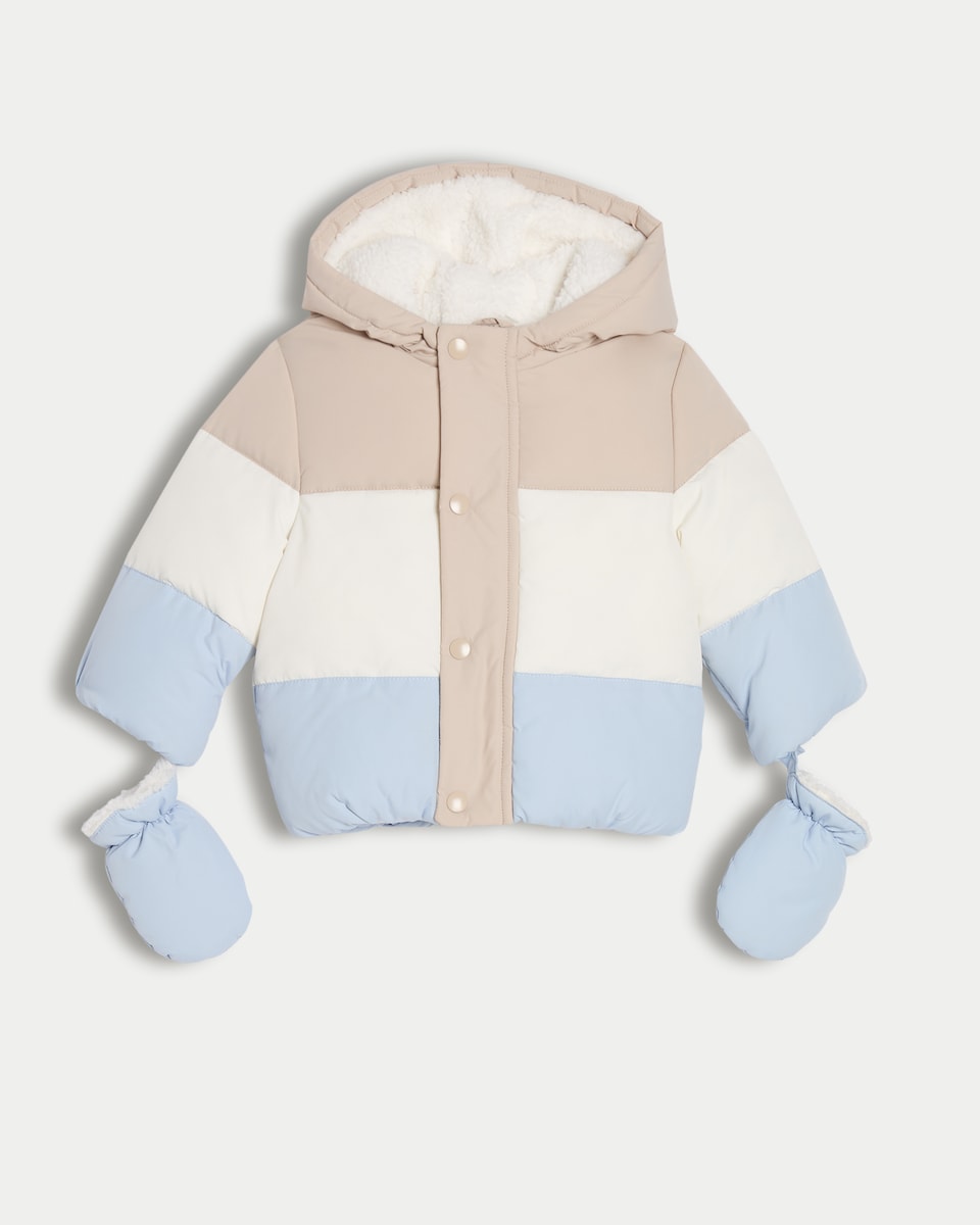 image 1 of F&F Baby Colour Block Shower Resistant Puffer Jacket with Mittens in Neutral