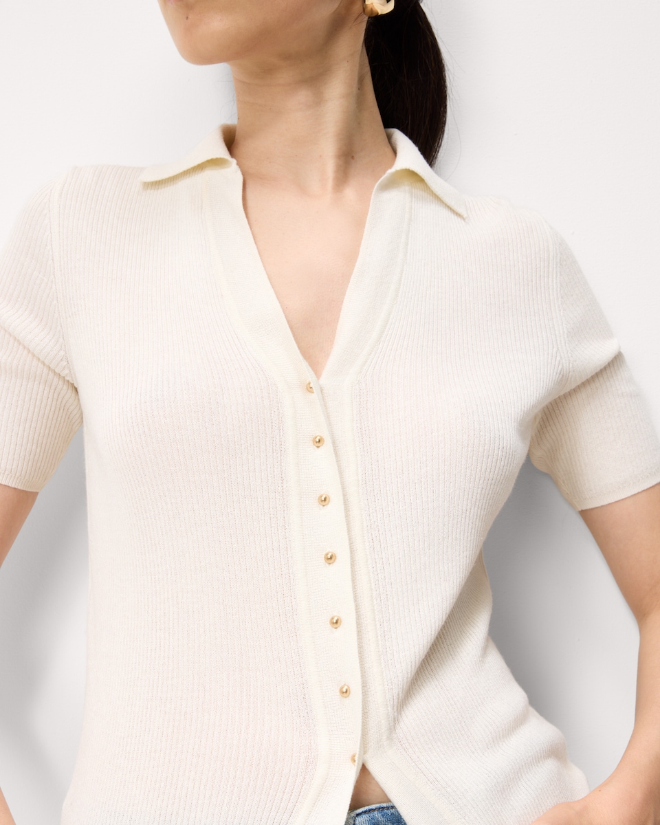 image 1 of F&F Knitted Short Sleeved Polo Shirt in Cream