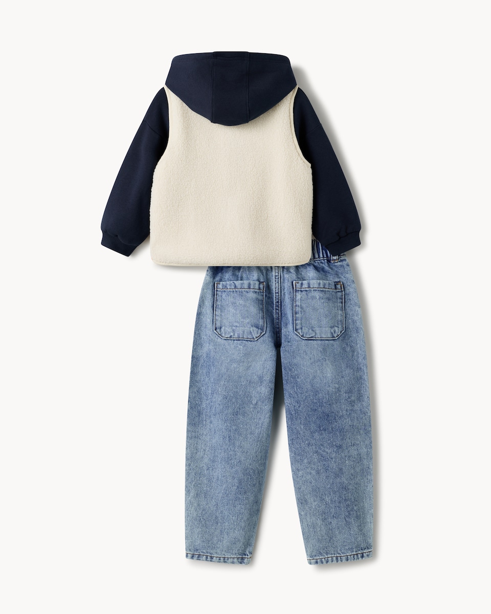 image 1 of F&F Boys 3-Piece Cotton Rich Borg Gilet Set in Cream