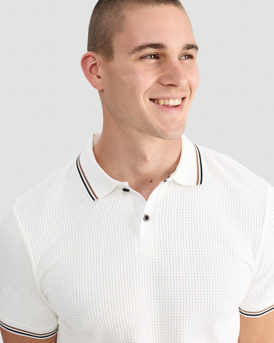 image 1 of F&F Cotton Blend Waffle Textured Polo Shirt in Cream