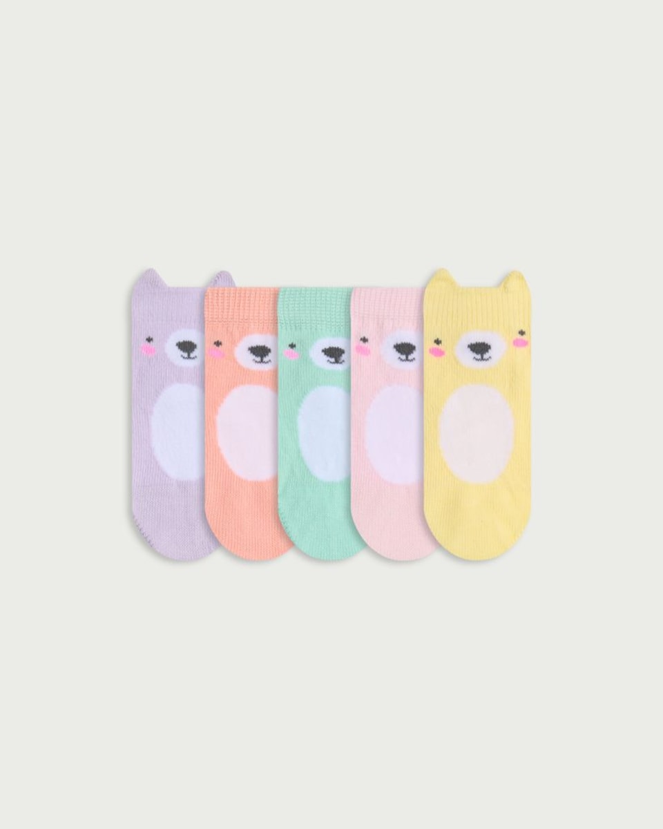 F&F Baby 5-Pack Cotton Rich Bear Face Ankle Socks in Multi