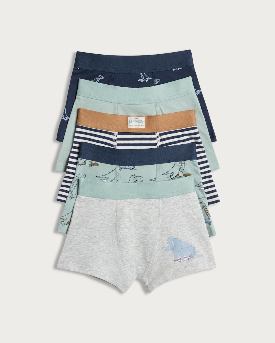 image 1 of F&F Boys 5-Pack Cotton Rich Dinosaur Print Trunks in Green Multi