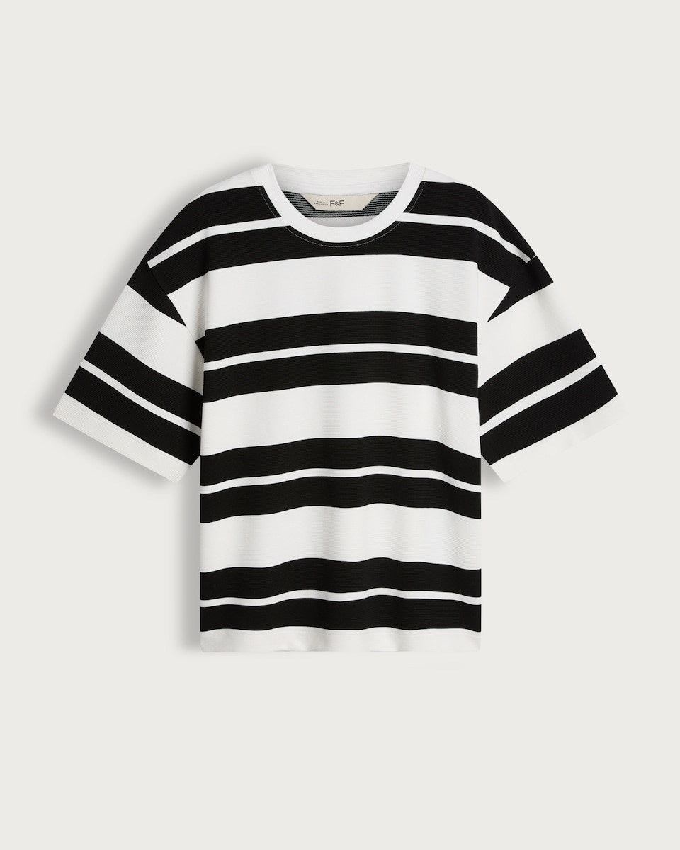 image 1 of F&F Boxy Fit Striped Short Sleeved T-Shirt in Multi Black White