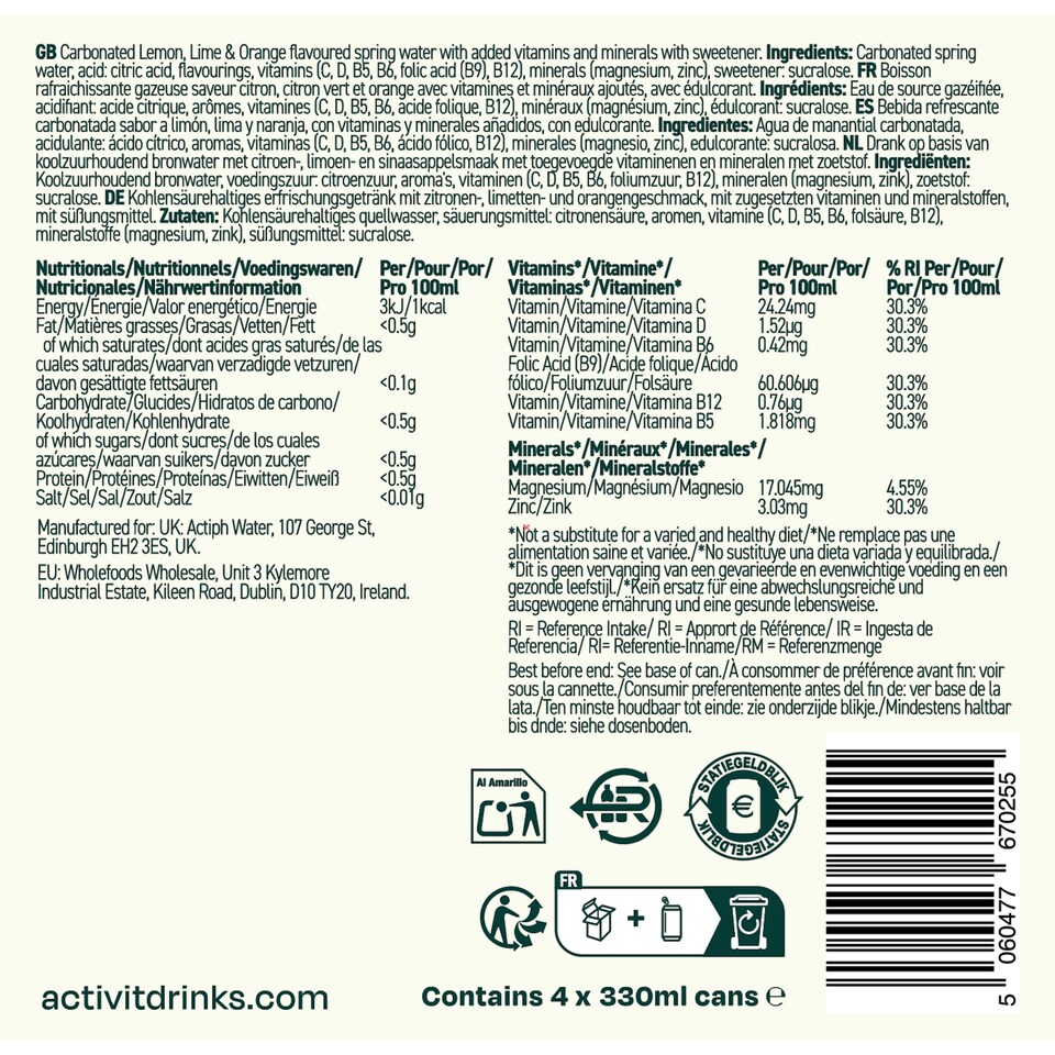 image 1 of Activit Lemon Lime & Orange Sparkling Water 4 X 330Ml