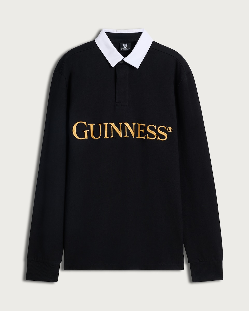 image 1 of Guinness Pure Cotton Embroidered Slogan Long Sleeved Rugby Shirt in Black