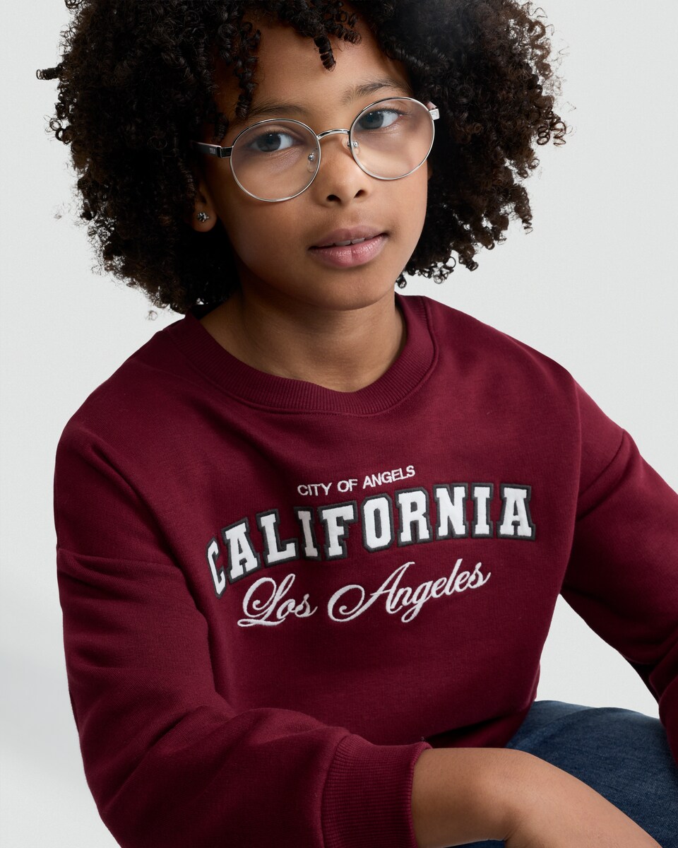 image 1 of F&F Active Girls Cotton Rich Los Angeles Slogan Sweatshirt in Burgundy