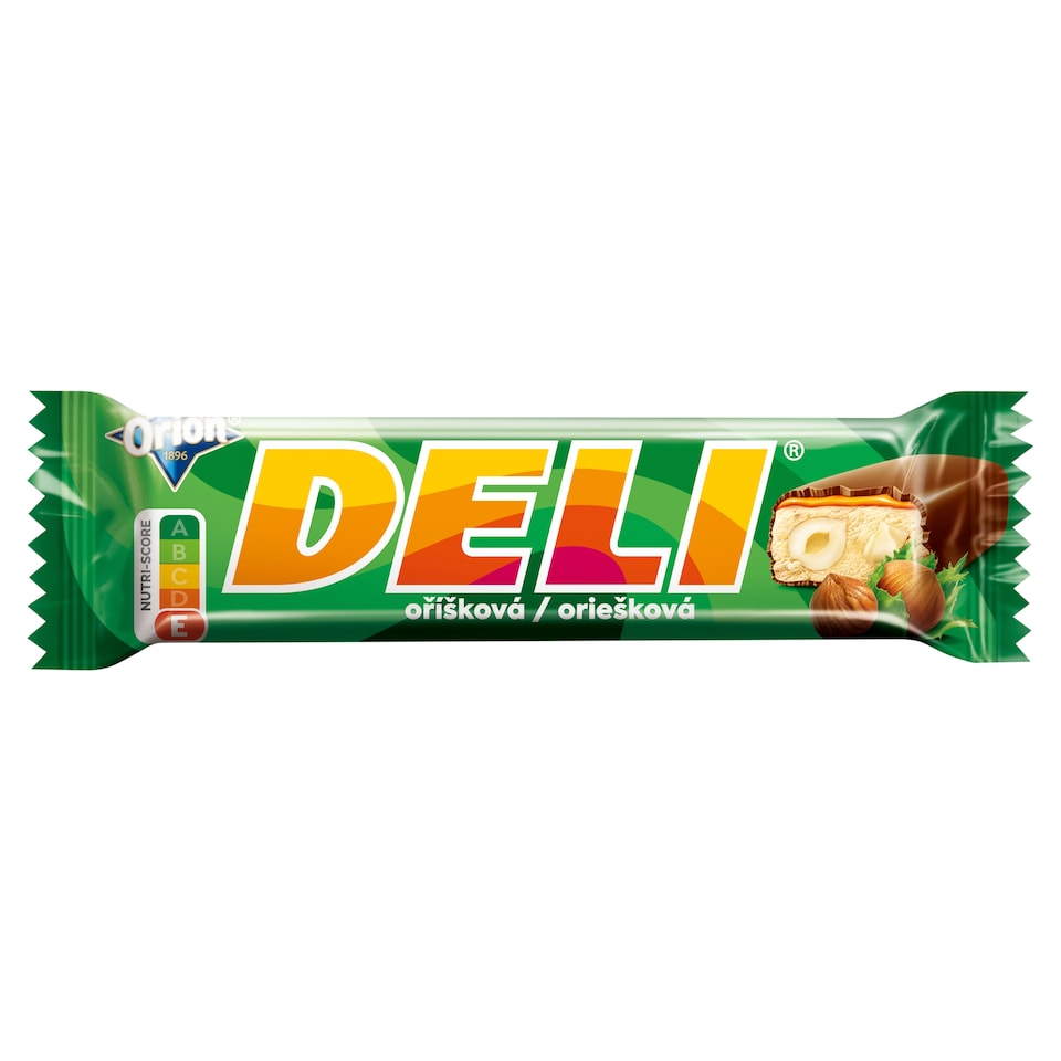 ORION DELI oříšková, tyčinka s lískovými ořechy a karamelem máčená v hořké polevě, 35g