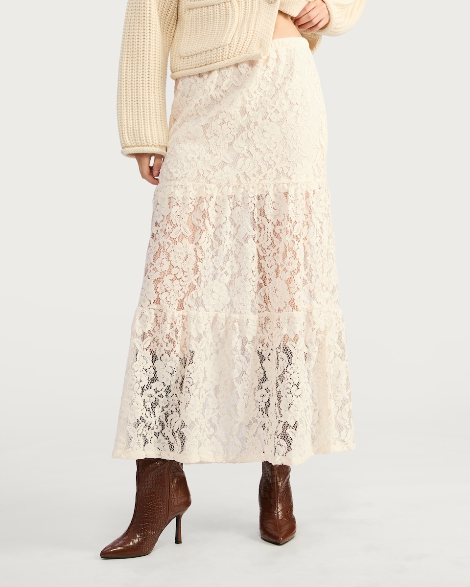 image 1 of F&F Tiered Lace Midi Skirt in Cream