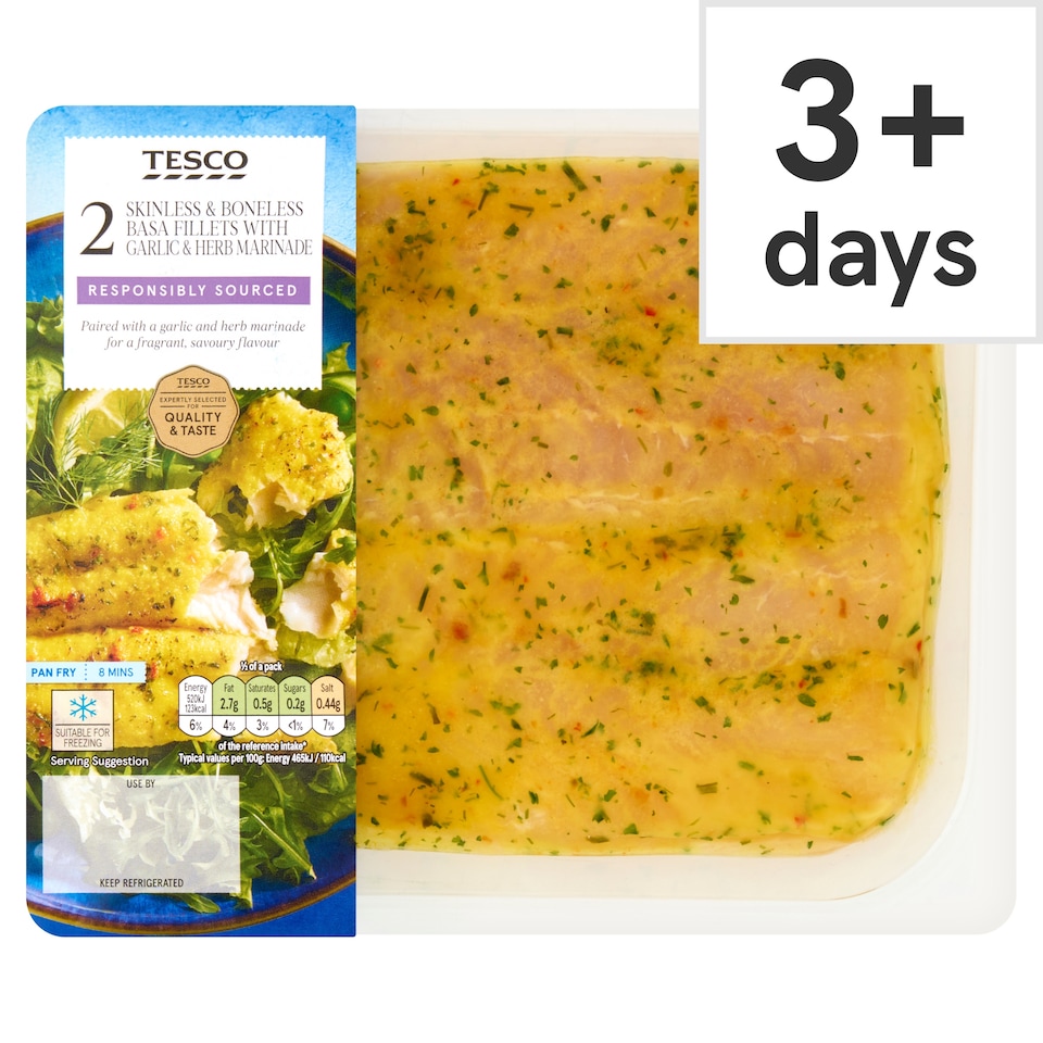 Tesco 2 Skinless & Boneless Basa fillets with garlic and herb marinade  270g