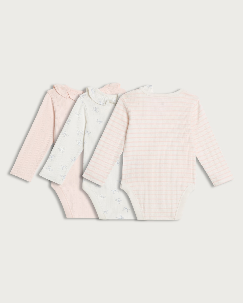 image 1 of F&F Baby 3-Pack Pure Cotton Pointelle Long Sleeved Bodysuits in Pink
