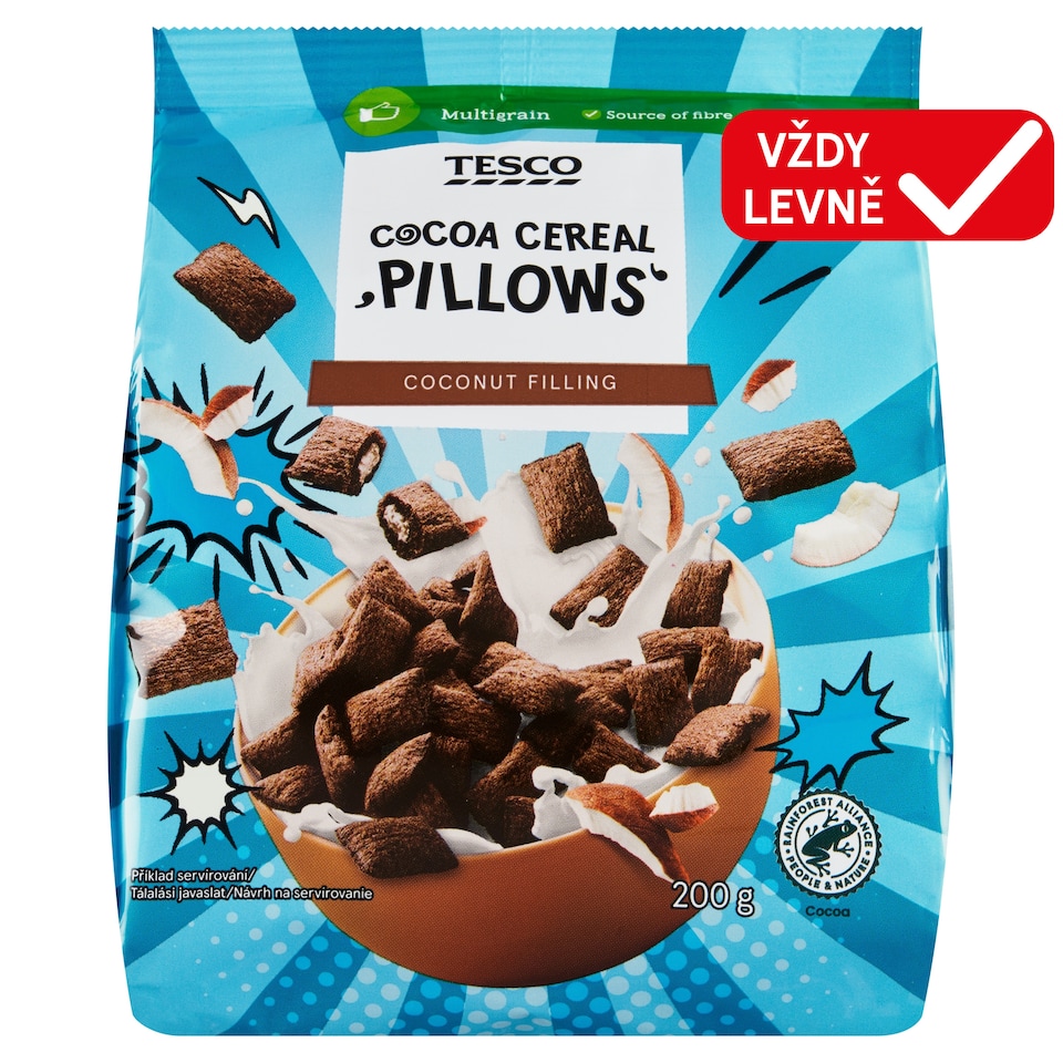 Tesco Kakaové cereální polštářky s kokosovou náplní 200g