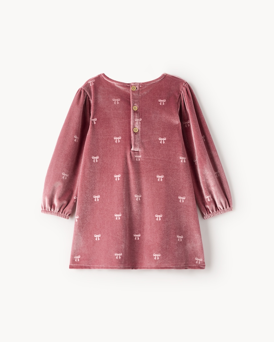 image 1 of F&F Baby Velvet Bow Print Dress in Pink