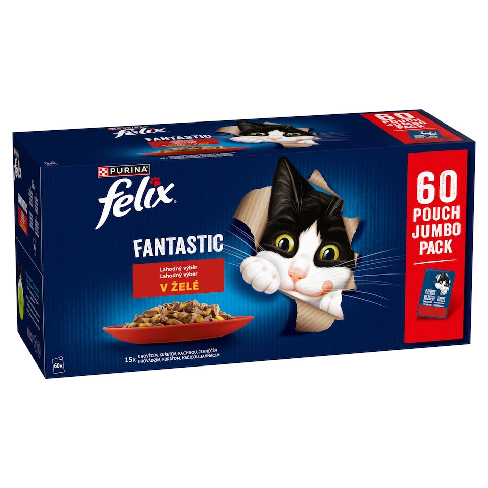 Obrázek 1 pro produkt Felix Fantastic kapsičky pro kočky hovězí, kuře, kachna, jehněčí v želé 60 x 85g 