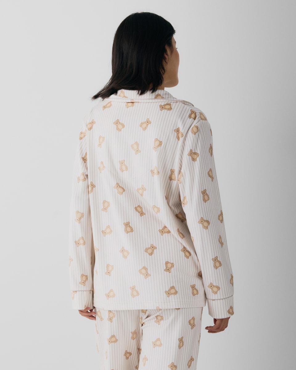 image 1 of F&F Fleece Striped Bear Print Revere Pyjama Set in Cream