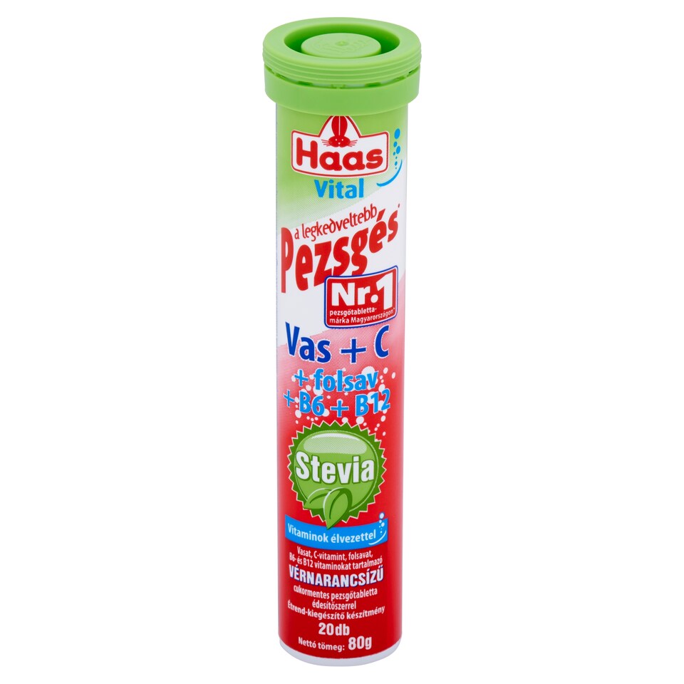 Haas Vital Stevia Vas + C vérnarancsízű cukormentes étrend-kiegészítő pezsgőtabletta
