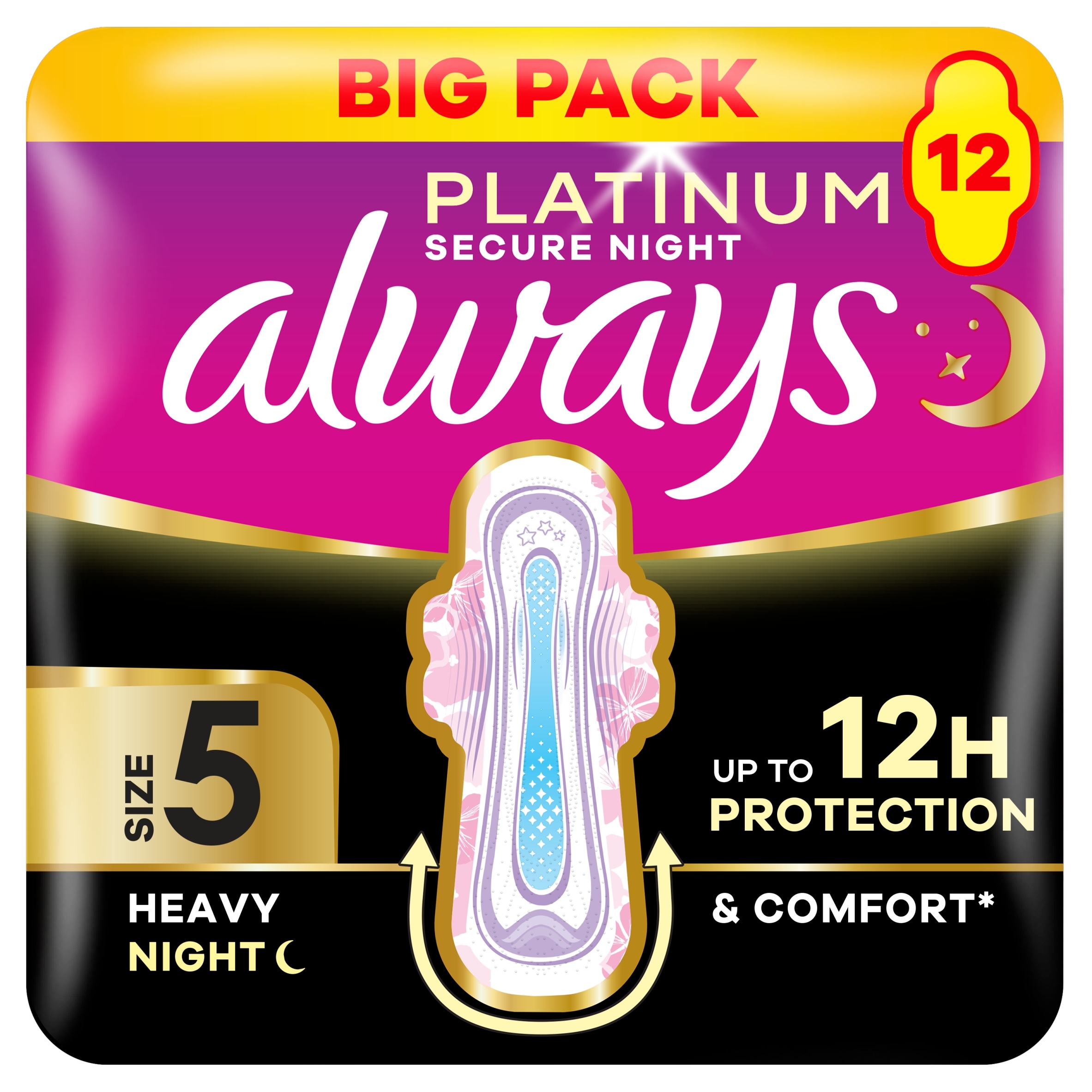 Always Platinum Sanitary Towels Secure Night Extra (size 5) With Wings 12 Pads