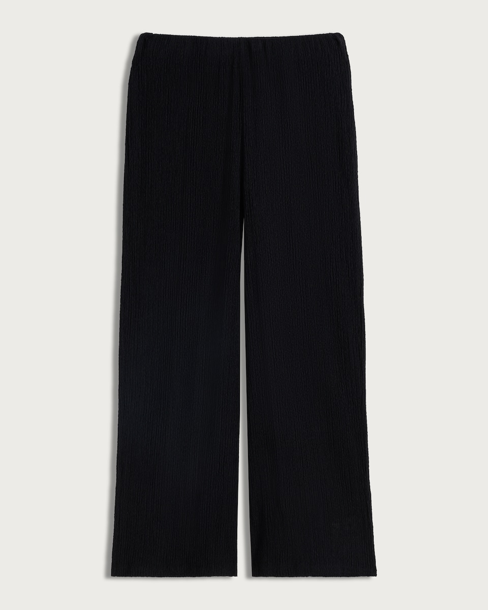 image 1 of F&F Cotton Rich Crinkle Textured Wide Leg Co-ord Trousers in Black