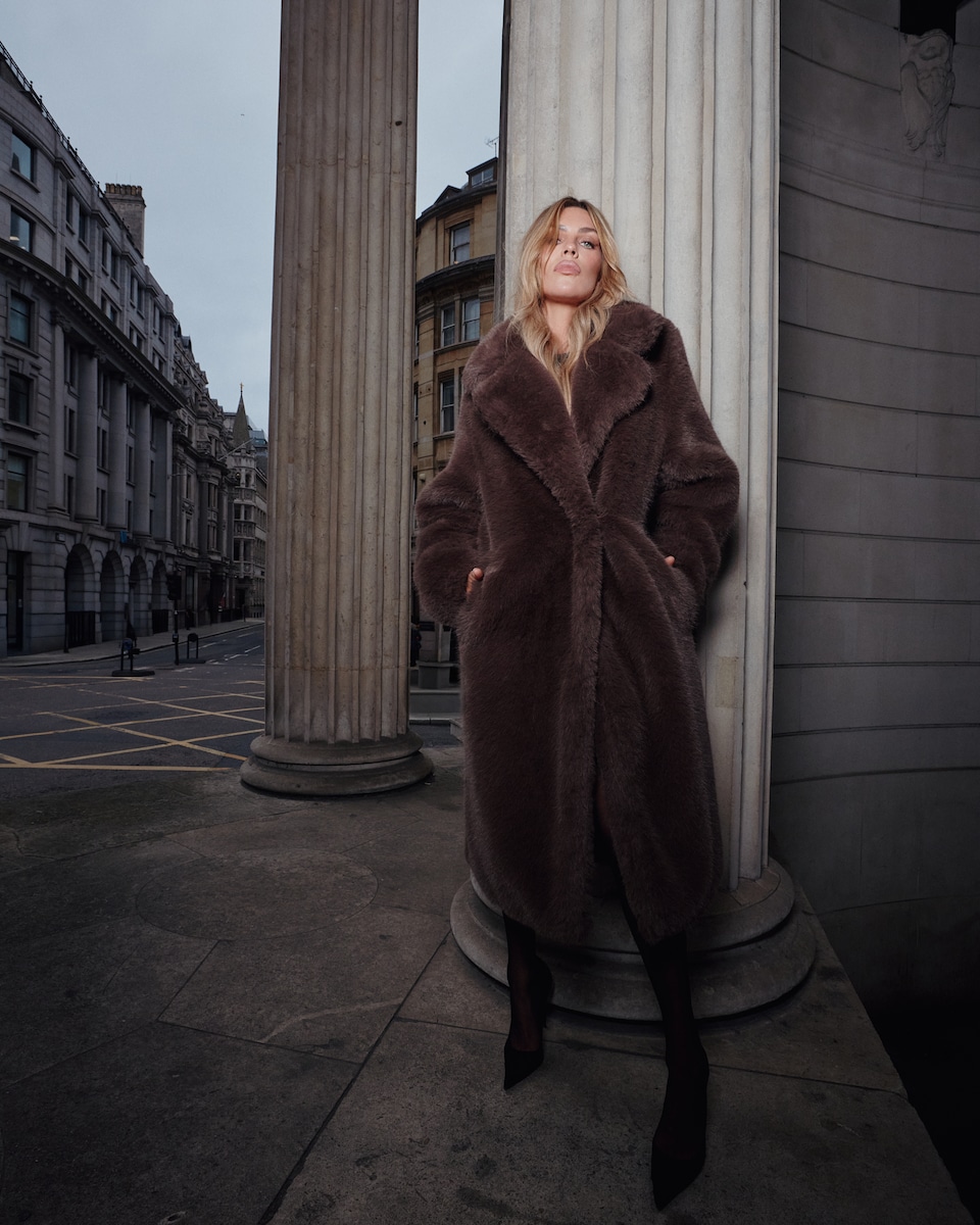 image 1 of F&F Faux Fur Longline Coat in Brown
