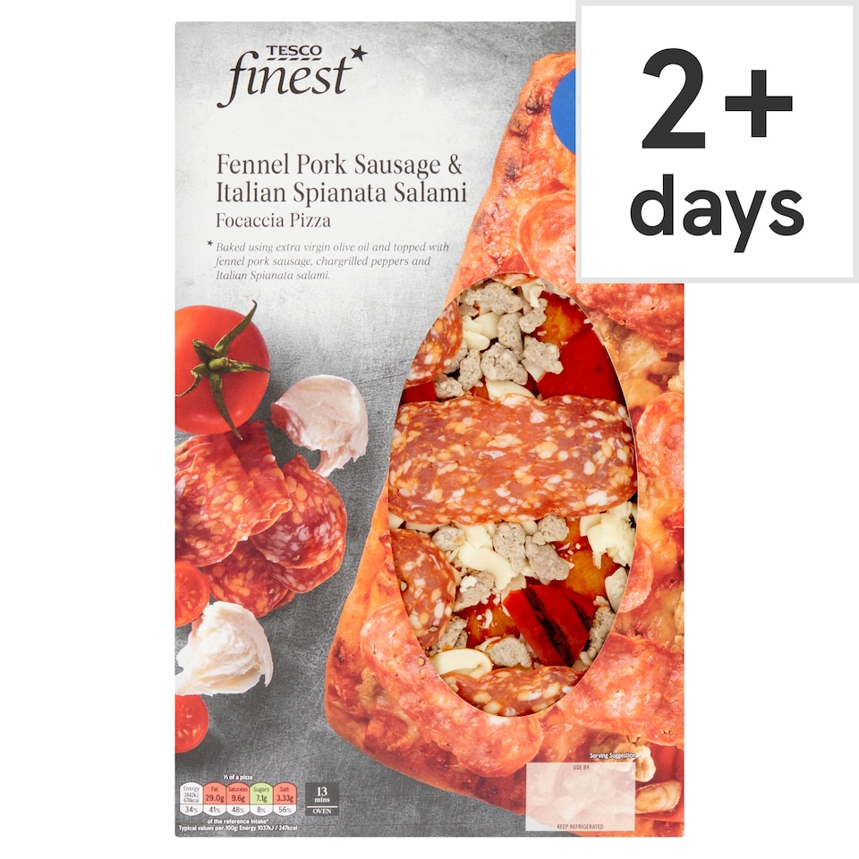 TESCO FINEST FENNEL PORK SAUSAGE & ITALIAN SPIANATA SALAMI FOCACCIA PIZZA 595g