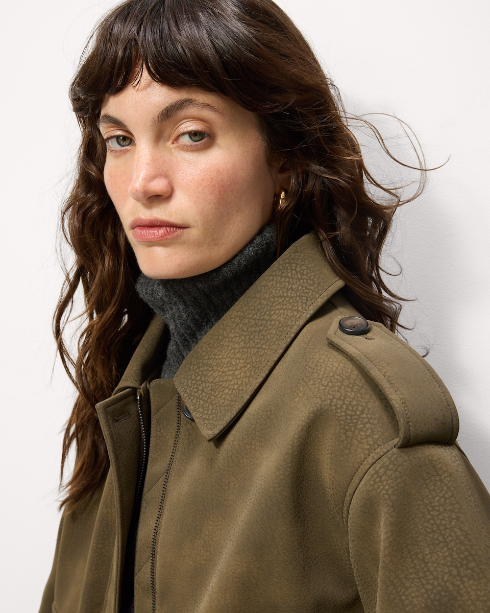 image 1 of F&F Faux Fur Collared Jacket in Khaki