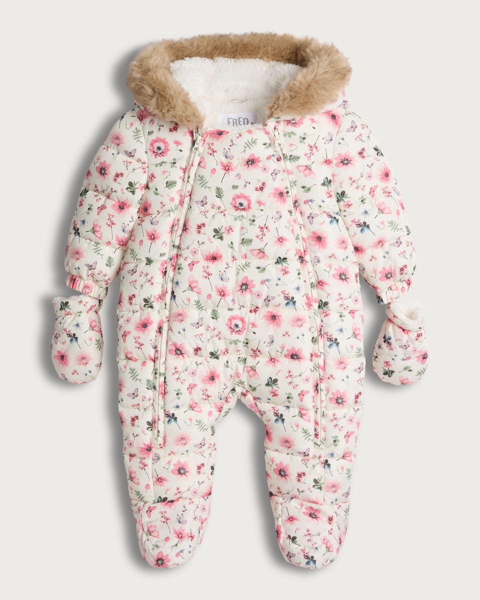image 1 of F&F Baby Padded Floral Print Shower Resistant Pramsuit in Multi