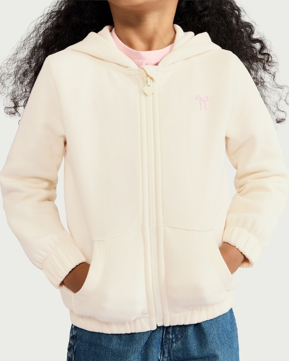 image 1 of F&F Girls Bow Zip Up Hoodie in Cream