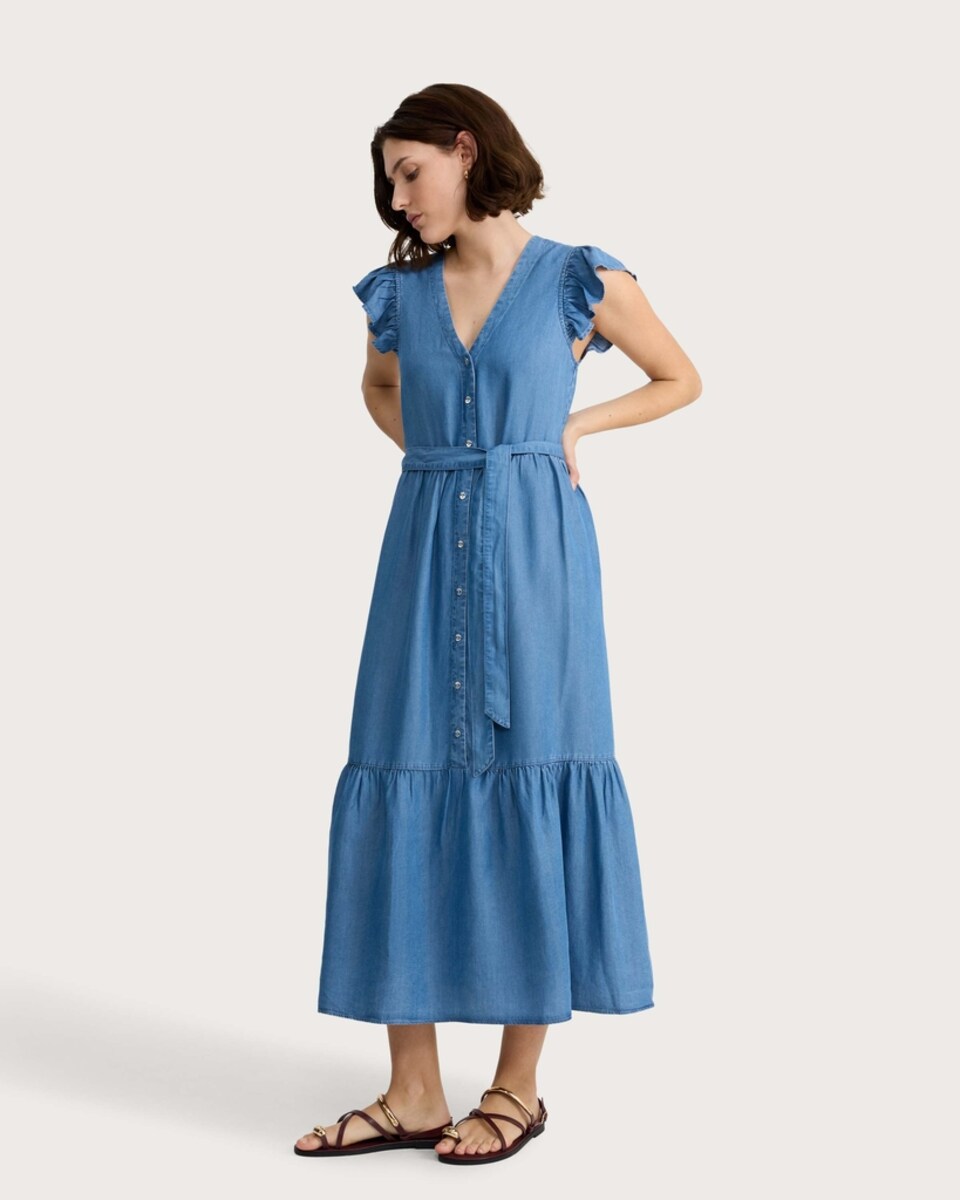 image 1 of F&F Pure Lyocell Button Front Belted Midi Dress in Blue
