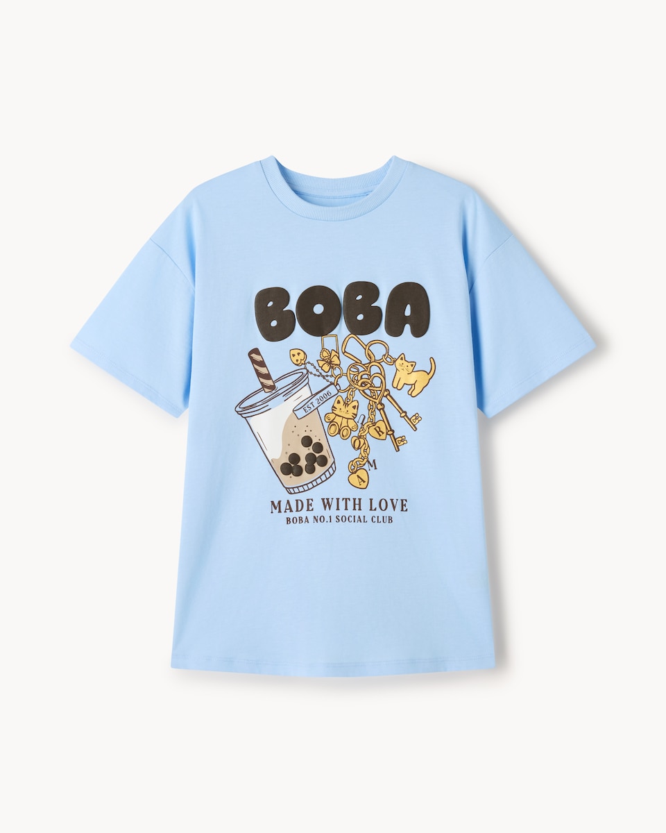 image 1 of F&F Girls Pure Cotton Boba T-Shirt in Blue